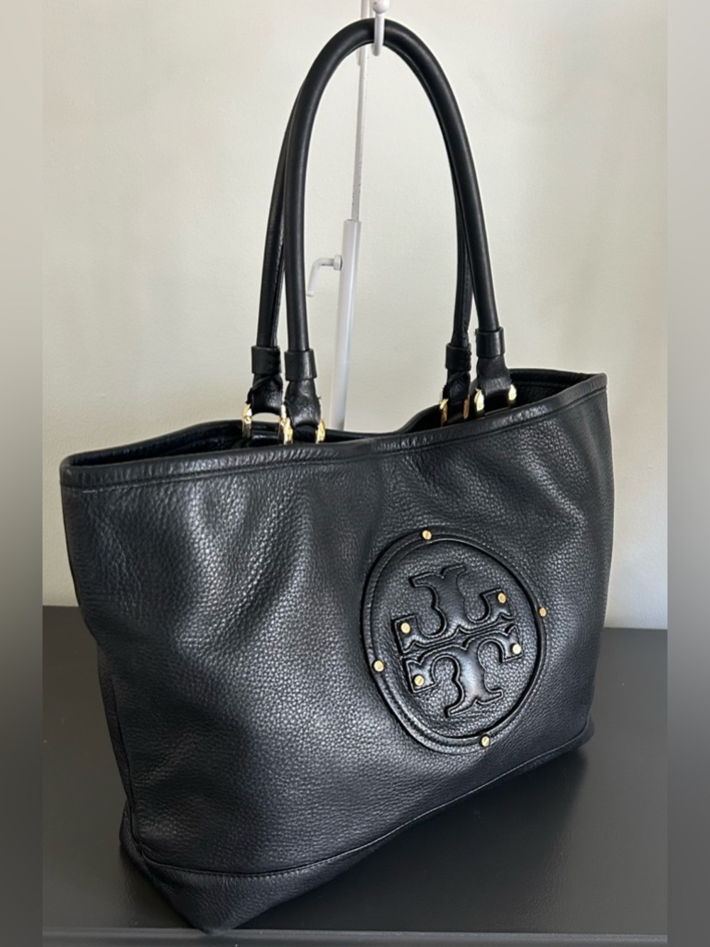 Tory Burch Black Pebbled Leather Tote Bag Large Shoulder Bag Gold Hardware - Picture 4 of 12